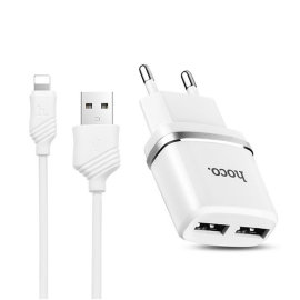 Сетевое зарядное устройство + кабель Apple iPhone 5 (lightning) (2,4A, 2USB) (белое)