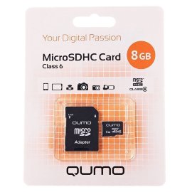 Карта памяти MicroSD 8Gb (class 6) Qumo + SD адаптер