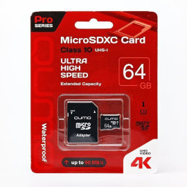 Карта памяти MicroSD 64GB (Class 10) Qumo Pro seria UHS-1 U3+SD адаптер