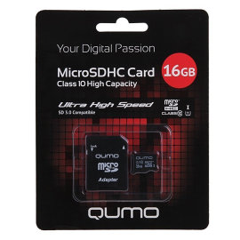 Карта памяти MicroSD 16Gb (Class 10) Qumo UHS-1 + SD адаптер