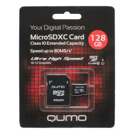 Карта памяти MicroSDXC 128GB Qumo + SD адаптер UHS-1