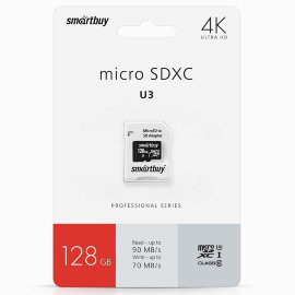 Карта памяти MicroSD 128GB Smart Buy Pro seria UHS-1 U3 + SD адаптер