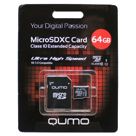 Карта памяти MicroSD 64GB (Class 10) Qumo+SD адаптер
