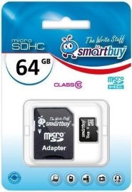 Карта памяти MicroSD 64Gb (Class 10) Smart Buy+SD адаптер