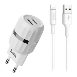 Сетевое зарядное устройство Hoco C41A + кабель Apple iPhone (lightning) (2,4A, 2USB) (белое)