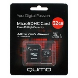 Карта памяти MicroSD 32GB (Class 10) Qumo UHS-1 + SD адаптер