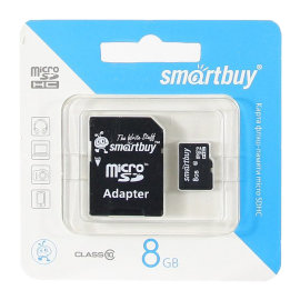 Карта памяти MicroSDHC 8GB (Class 10) Smart Buy + SD адаптер